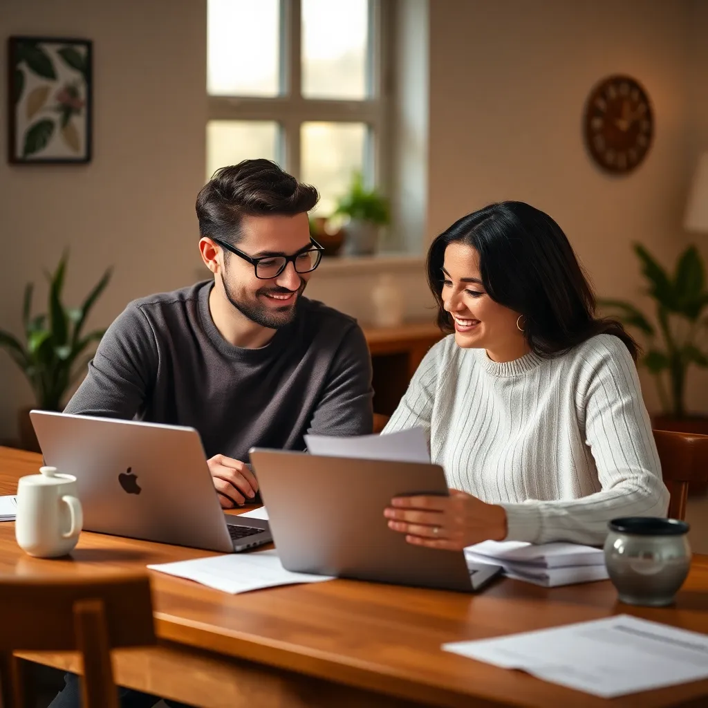 Koppel dat in een ontspannen huiselijke omgeving samen hun financiën bespreekt