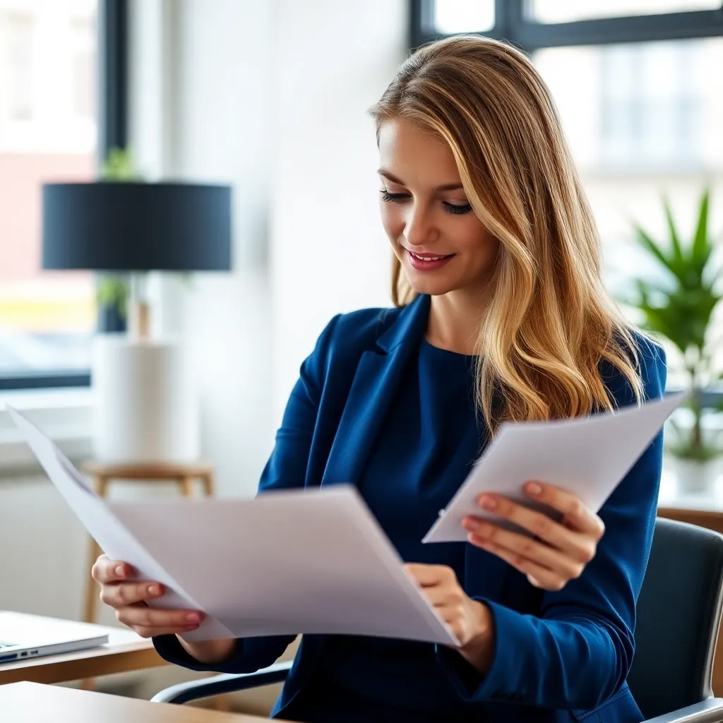 Vrouw die met zelfvertrouwen haar financiën bestudeert in een modern kantoor