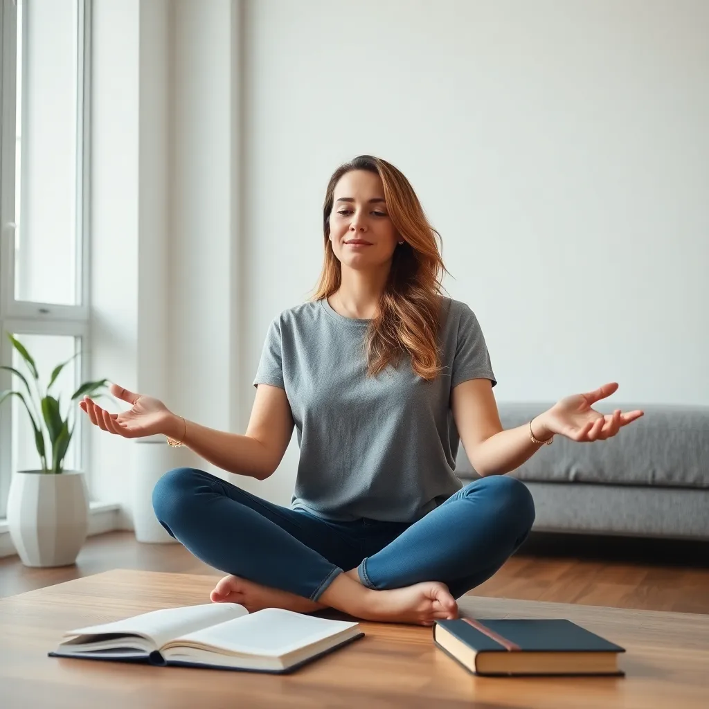 Vrouw in meditatiehouding met rustige uitdrukking, symboliseert mentale transformatie rond financiële overtuigingen