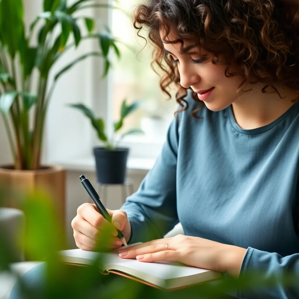 Vrouw die positieve financiële affirmaties opschrijft tijdens coaching sessie